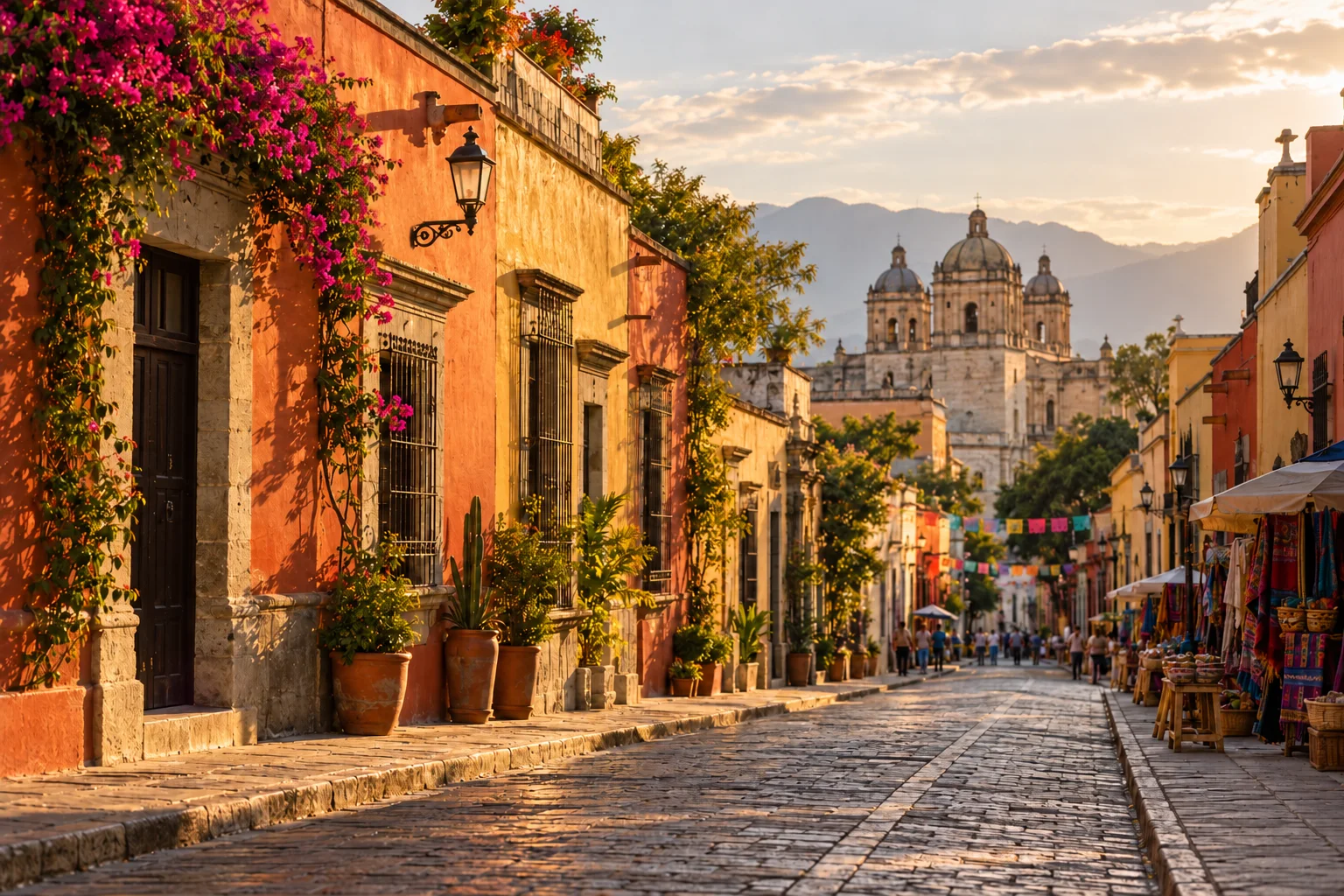 Representación editorial de una calle del centro histórico de Oaxaca al atardecer
