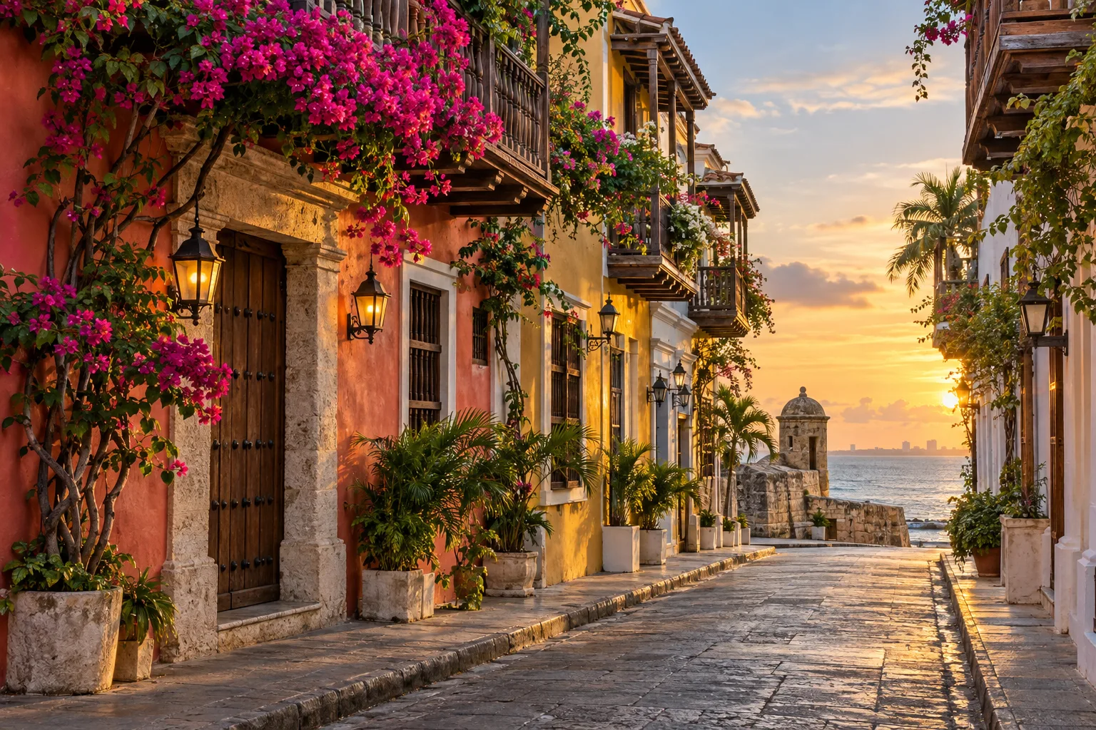 Ilustración editorial inspirada en una calle de la ciudad amurallada de Cartagena de Indias al atardecer